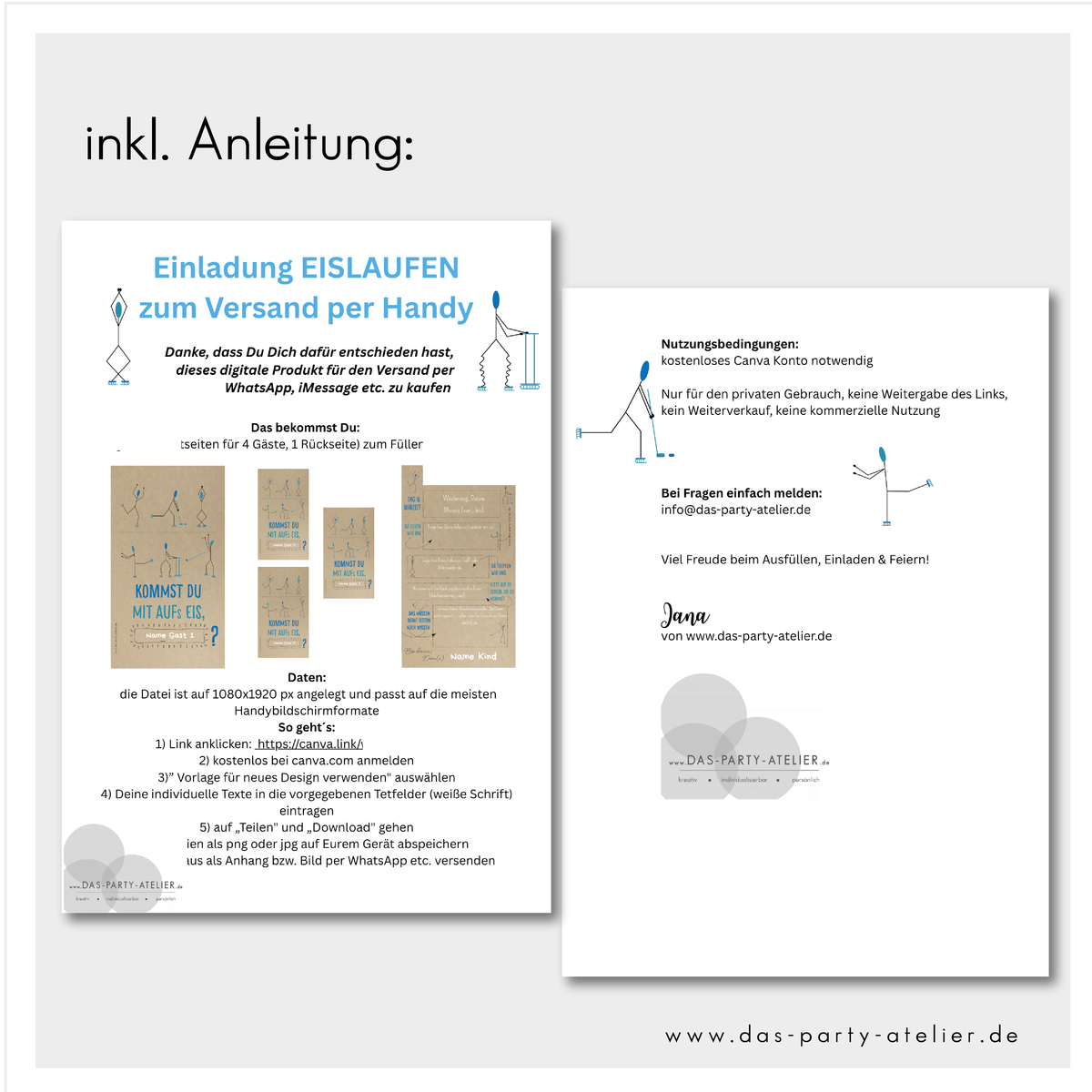 digitale Einladung Schlittschuhlaufen / Eisbahn - als Versand per Handy -