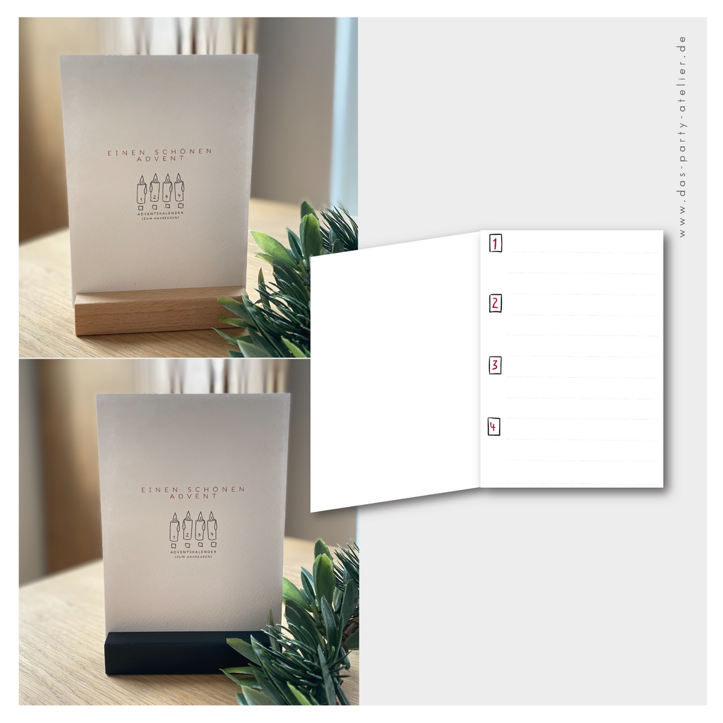 Adventkalender "4 KERZEN" mit Holzaufsteller, versch. Optionen