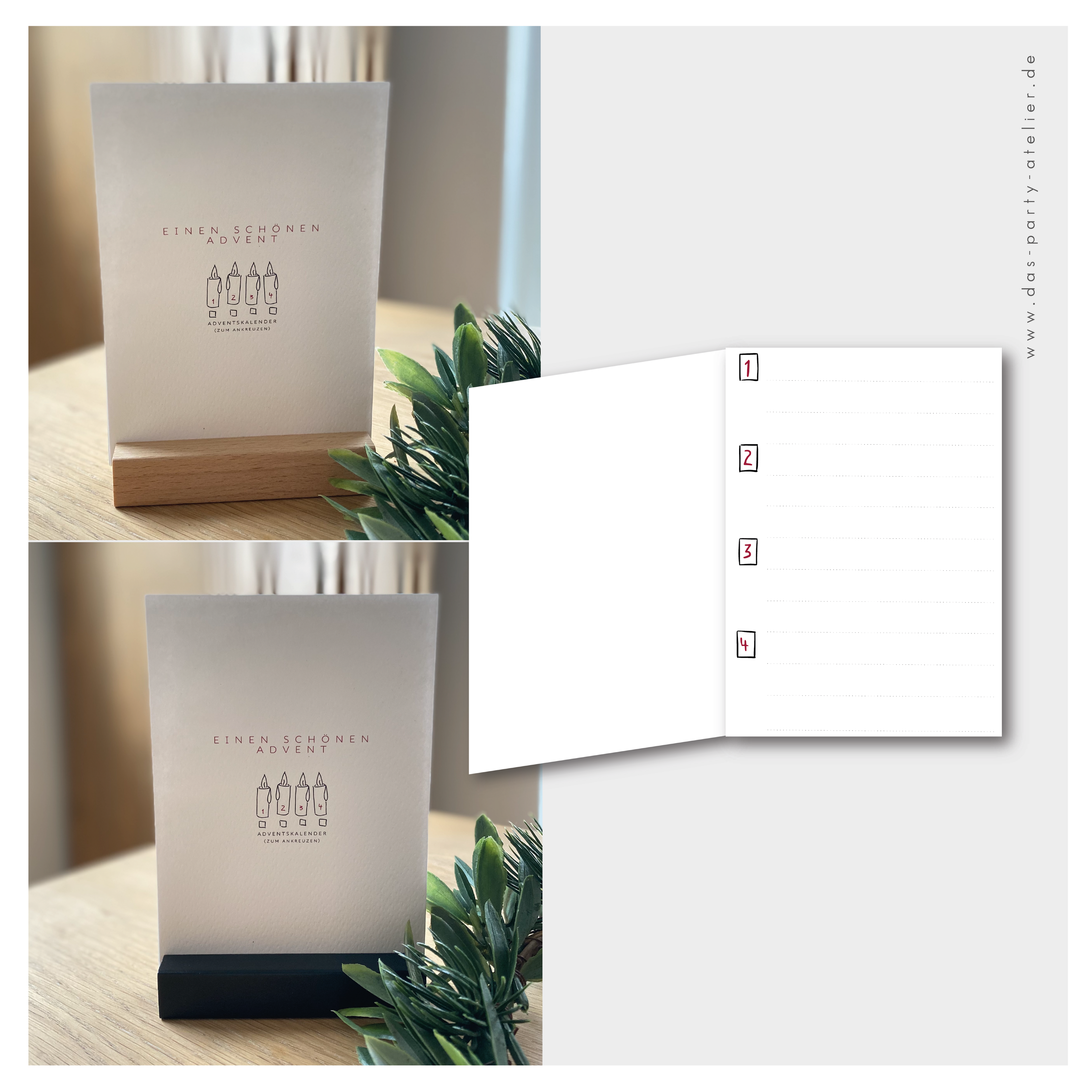 Adventkalender "4 KERZEN" mit Holzaufsteller, versch. Optionen